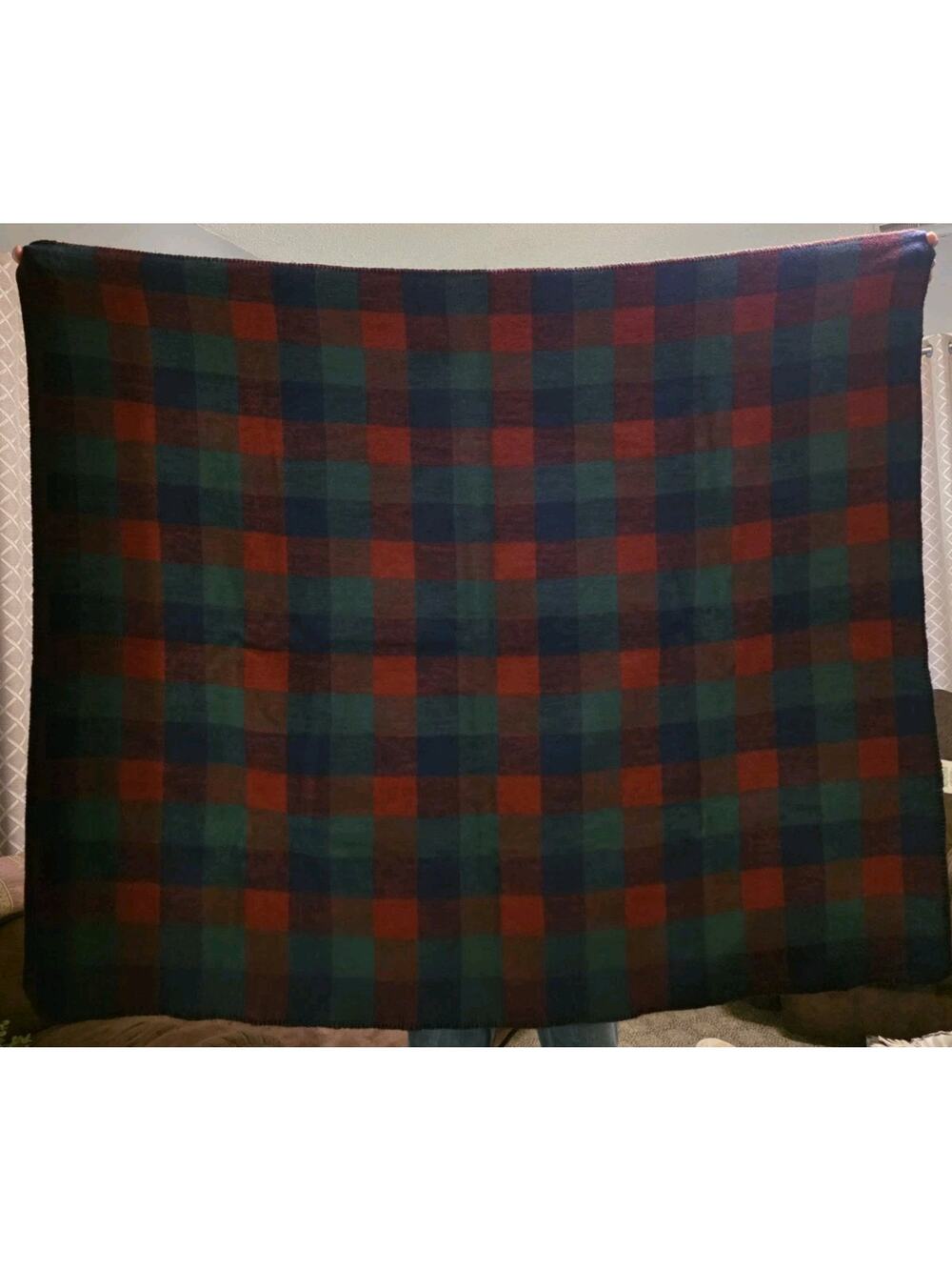 Vintage Biederlack Blanket Throw Plaid/Striped Green Burgundy USA Made 59x47"